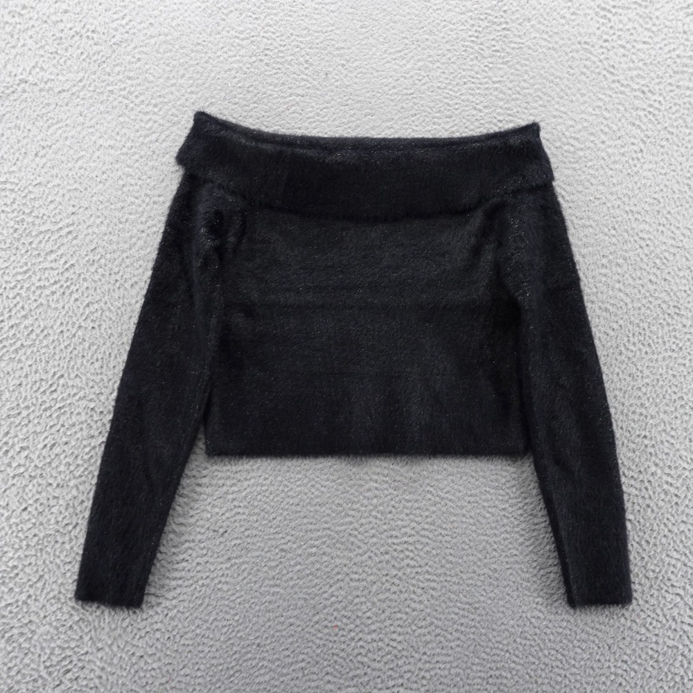BP Womens XL Black Metallic Fuzzy Off the Shoulder Cropped Sweater NEW